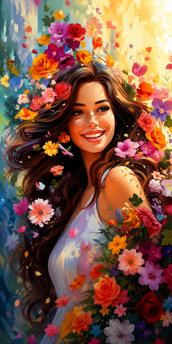 Woman smiling, holding colorful flowers